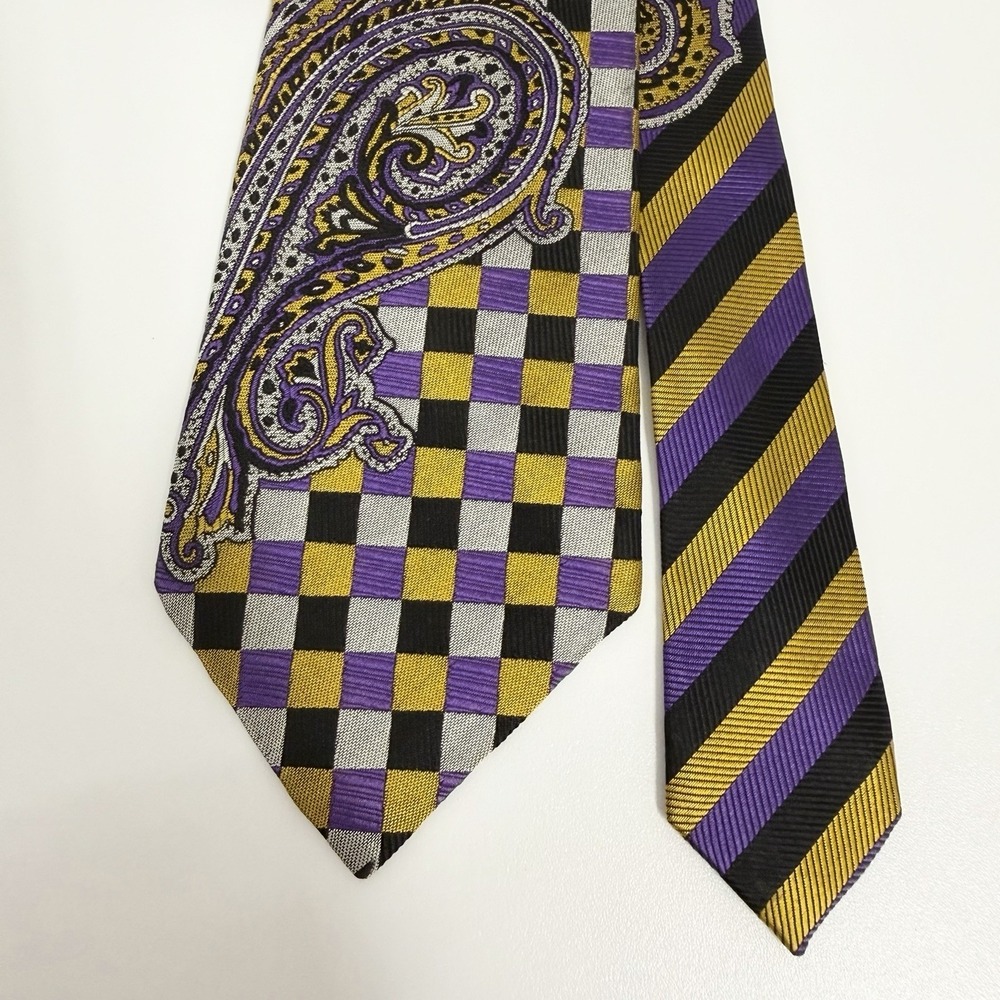 Gianni Versace Men's Vtg Tie Purple/Gold Harlequin Check Paisley Silk 3.5" x 55"